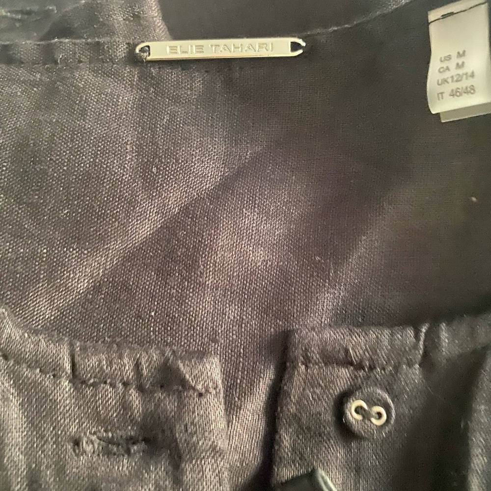Elle Tahari Linen Shirt - M black linen  collarless , button front - Picture 3 of 5